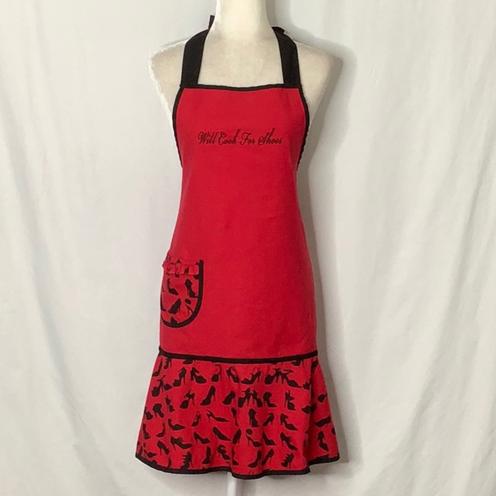 Will Cook For Shoes Embroidered Red And Black Kitchen Apron